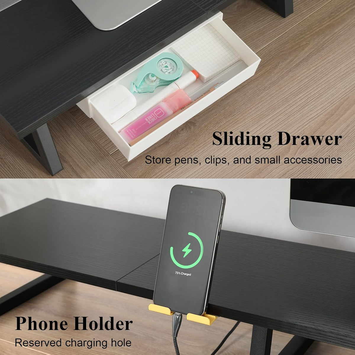 TEAMIX 42 inch Dual Monitor Stand Riser with Storage Drawer for Desk, Black - Image 3