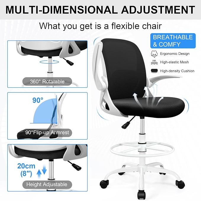 Drafting Chair Tall Office Chair with Flip-up Armrests, Adjustable Height, and Enhanced Lumbar Support - Ergonomic Rolling Stool, Back Support, and Adjustable Foot Rest Ring for Standing Desk White - Image 5