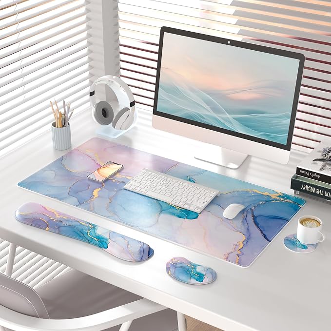 QIYI PU Leather Desk Mat Set, 4-in-1 Ergonomic Wrist Rest, Blue Pink Fluid | Waterproof Large Mouse Pad 31.5×15.7 + Keyboard Wrist Rest + Mouse Wrist Support+Coaster, Non-Slip Office Gaming Accessories - Image 2