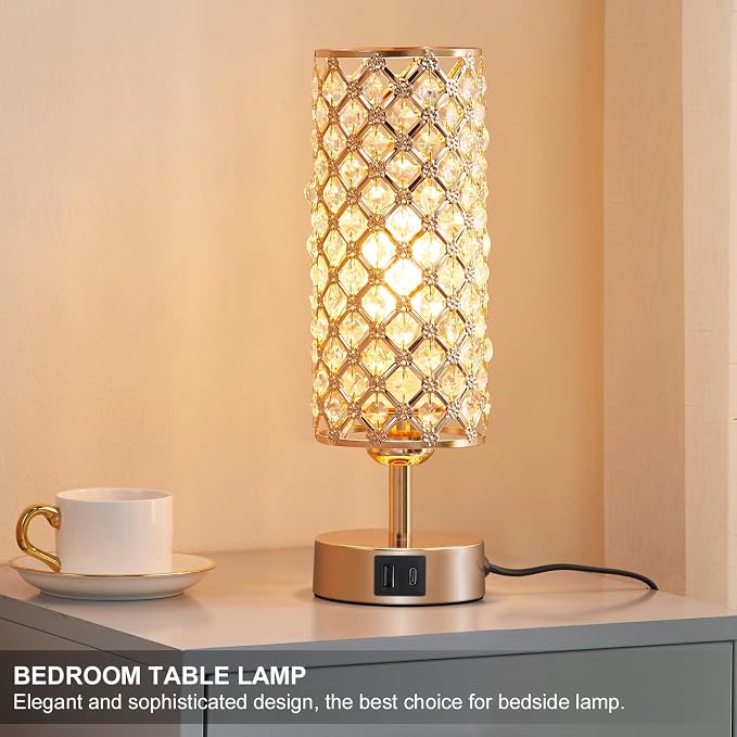 Crystal Table Lamp, 3 Way Dimmable Touch Lamps for Night Stands, Gold | Gold Crystal Touch Lamp for Bedroom with USB-C/A, Bulb included - Image 7