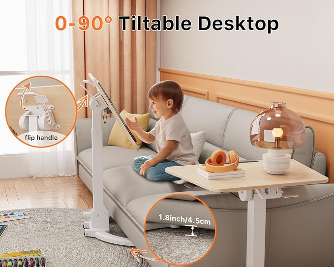JOY worker Foldable Mobile Standing Desk, 90° Tilt Rolling Laptop Desk, Oak | Tiltable MDF Laptop Desk, Portable Cart with Hidden Wheels & Low Base, Collapsible for Storage, Holds 22lbs, Home Office - Image 5