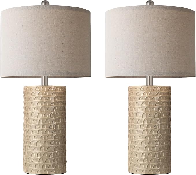23" Modern Ceramic Table Lamp Set of 2, Table Lamps for Living Room, Rustic Farmhouse Bedside Lamps Nightstand lamp for Bedroom, Desk Lamp for End Table Home Decor Beige - Image 2