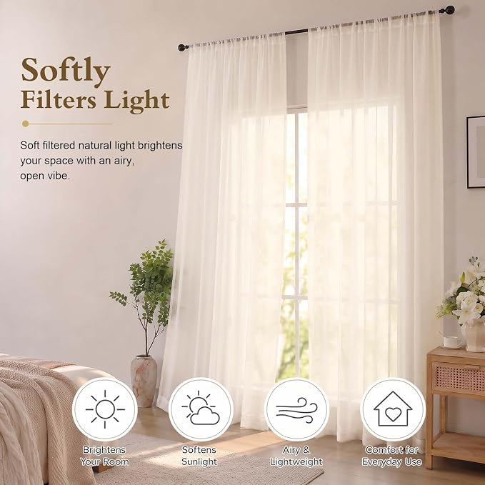 Cream Sheer Curtains 96 inches Long for Bedroom 2 Panels Set | Elegant Airy Sheer White Curtain for Living Room, Light Filtering Voile Window Treatments, Rod Pocket, Each Panel 42 X 96 In - Image 2