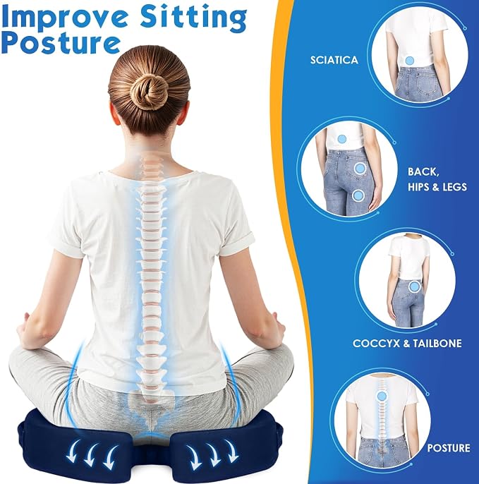 Seat Cushion for Office Chair, Car, Memory Foam, Blue XX-Large | For Back, Coccyx, Sciatica, Tailbone Pain, Ergonomic Design, Non-Slip, Desk Wheelchair Use, Supportive Butt Pillow, For Man - Image 6