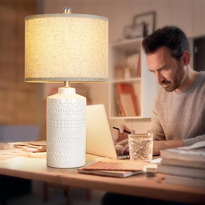 JUNNAI White Ceramic Table Lamp with Beige Shade: 3-Way Dimmable Night Stand Light Lamp 24.5" Modern Table Lamps for Living Room Bedroom End Table Office Entryway Lamps (Bulb Included - Image 5