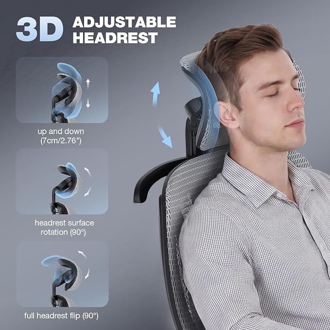 MALOL Ergonomic Office Chair, 400lbs High Back Mesh Desk Chair with 6D Armrests, 3D Headrest, Adjustable Lumbar Support, Seat Depth Adjustment, Tilt Lock, Metal Base & PU Wheels, Grey - Image 6