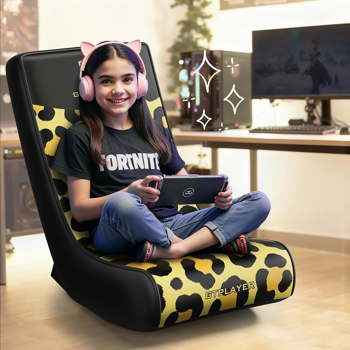 GTPLAYER Gaming Floor Rocking Chair – Rocker Floor Game Chair with Angle Limiter, Compact & Lightweight Game Seat, Yellow Leopard Patterned - Image 2