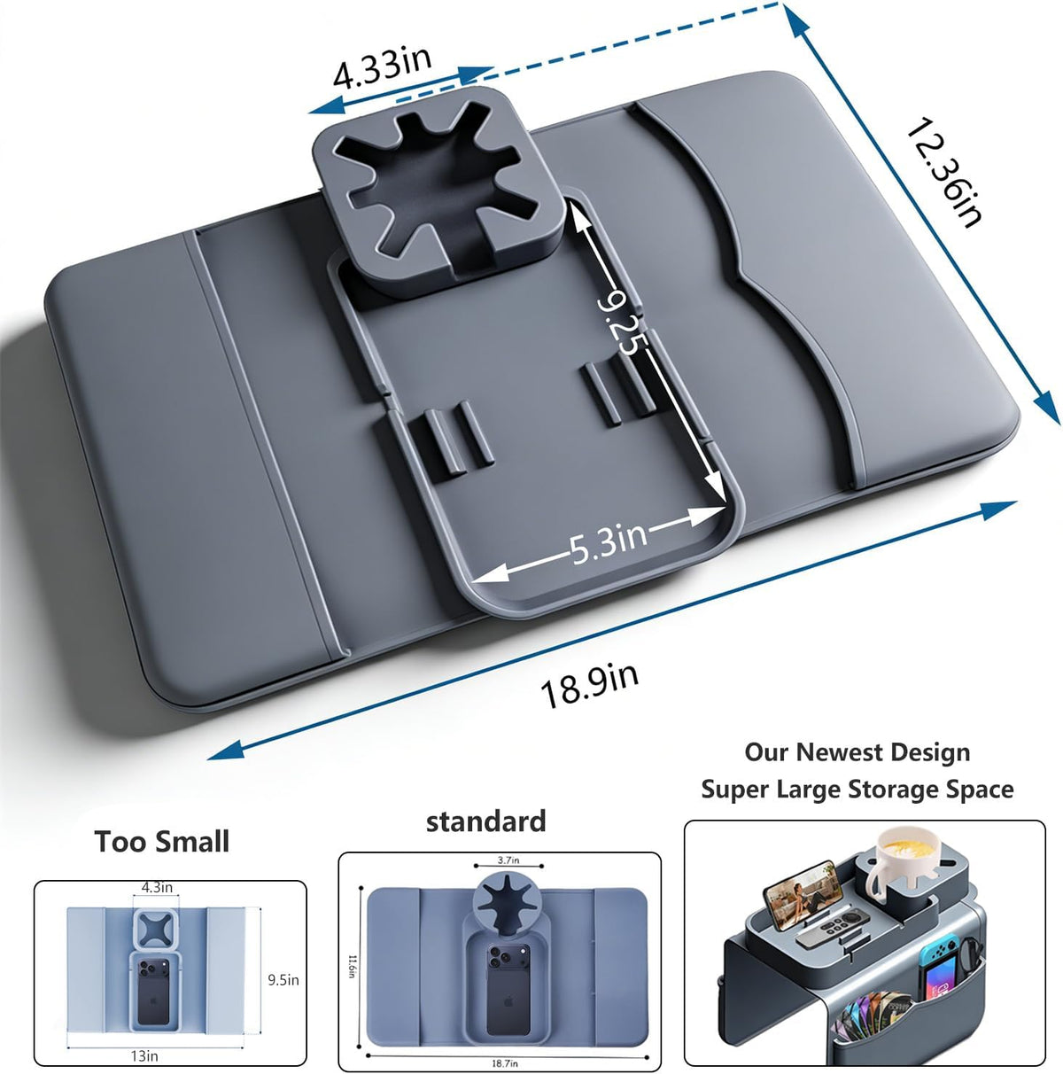 Silicone Couch Cup Holder Tray with Tablet & Phone Stand, Anti-Slip Sofa Arm Organizer with Dual Side Pockets for Remotes, Snacks, Headphones, Glasses, Drinks (Gray) - Image 4
