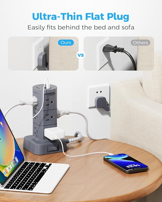 Charging Station Tower, Power Strips with Surge Protection, Flat Plug | 12 Outlets 4 USB Ports, 6Ft Extension Cord with Multiple Outlets, Office Desk Supplies, Dorm Essentials - Image 3