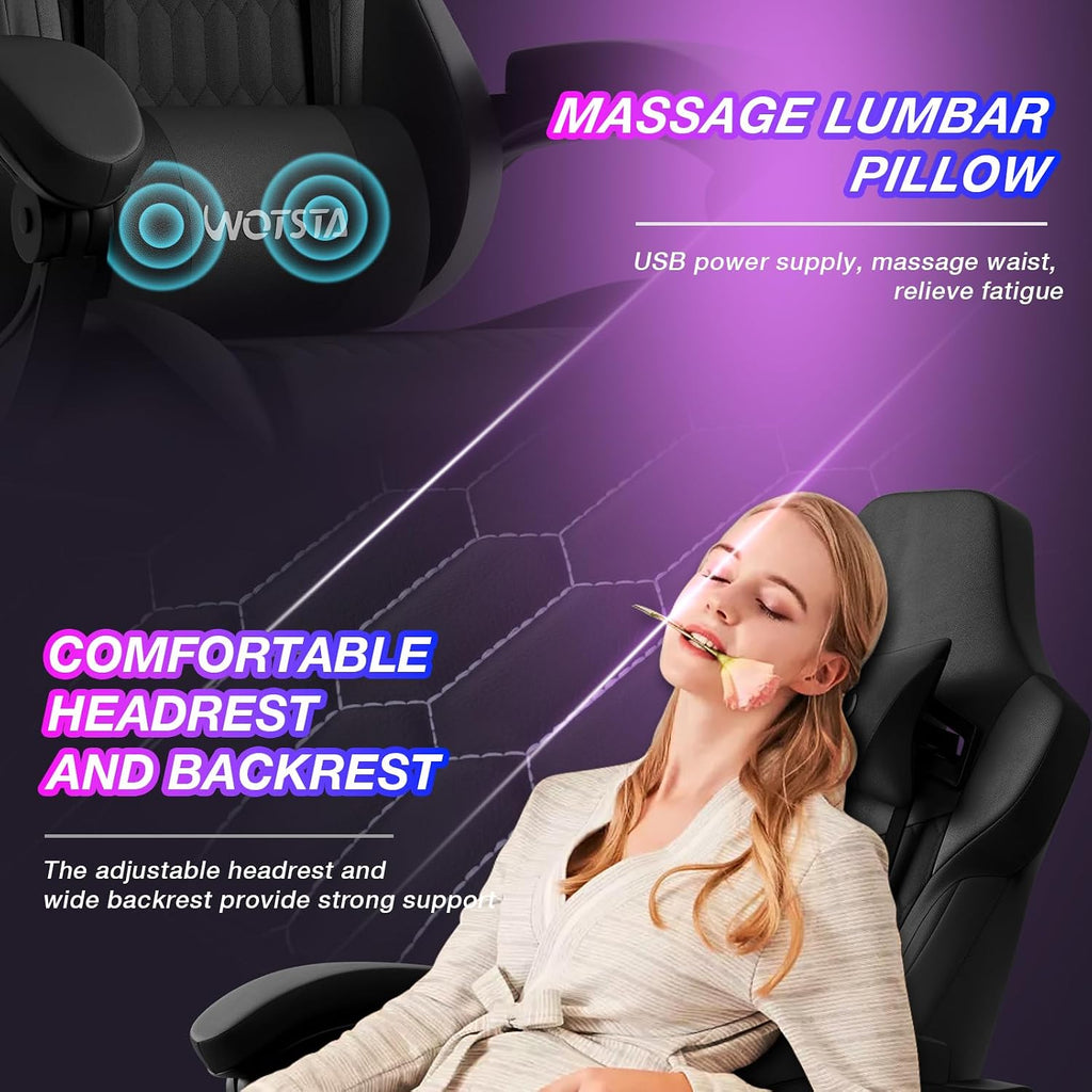Gaming Chair with Footrest, High Back Gaming Chairs PVC Leather Ergonomic Gamer Chair with Adjustable Headrest Lumbar Support Racing Style Video Gaming Chair for Office/Home (Black) - Image 6