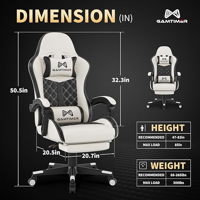 Gamtimer Gaming Chair, 400 LB Weight Capacity,with Pocket Spring Cushion | Ergonomic Backrest Office Chair,Leather, with Headrest and Lumbar Support, Footrest, Suitable for Adults(White) - Image 3