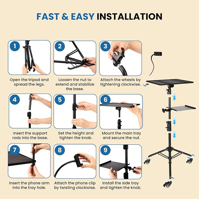 Projector Stand Tripod - 28.7 -54.3 Inch Adjustable Laptop Tripod Stand with Wheels - Dual Tray Portable Laptop Stand with Phone Holder for Office, Home, Stage, DJ Equipment & Outdoor Movies - Image 6