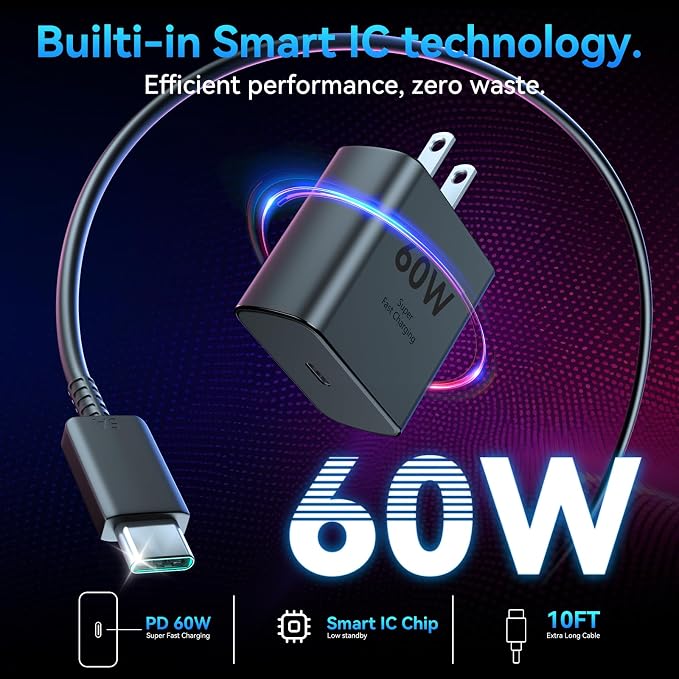 60W USB C Super Fast Charger Type C Android Phone Charger Fast Charging Block with 6.6ft USB-C to USB-C Cord Compatible with Samsung Galaxy S26 Ultra/S26/S26+/S25/S25 Ultra/S25+/S24, MacBook, iPad - Image 3