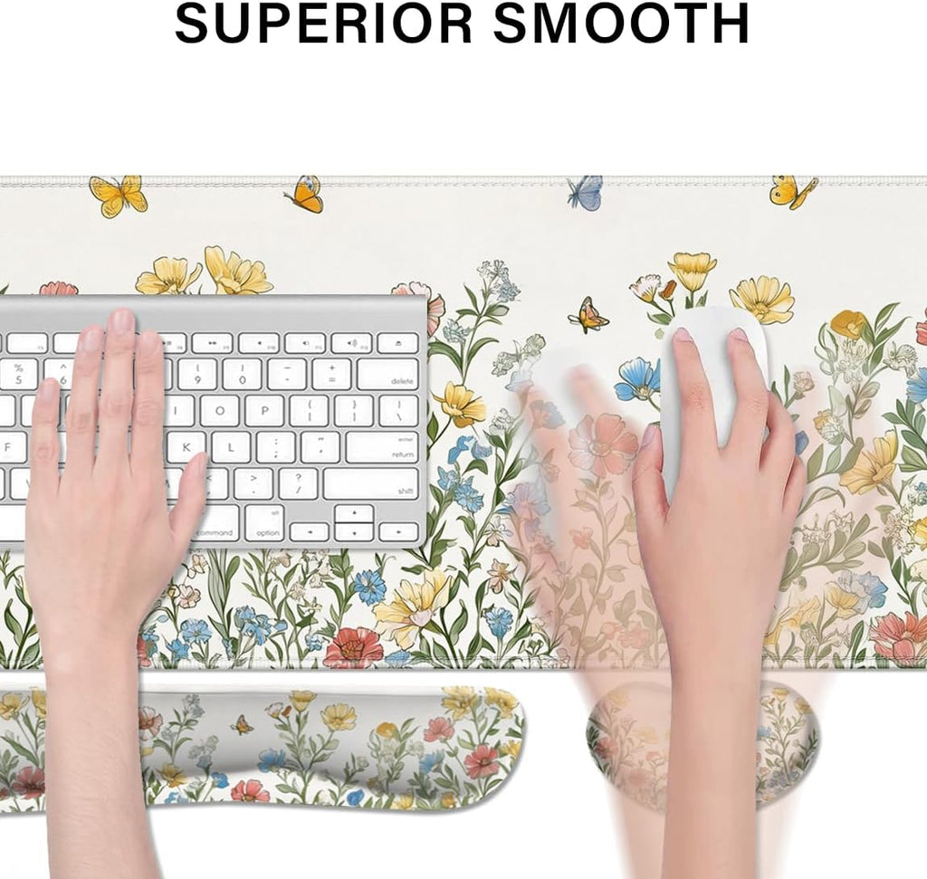 Desk Pad and Keyboard Wrist Rest, Large Mouse Pad + Keyboard Pad+Mouse Wrist Support, Non-Slip Desk Mat Protector for Office, Home 31.5×11.8 Inches Spring Floral - Image 3