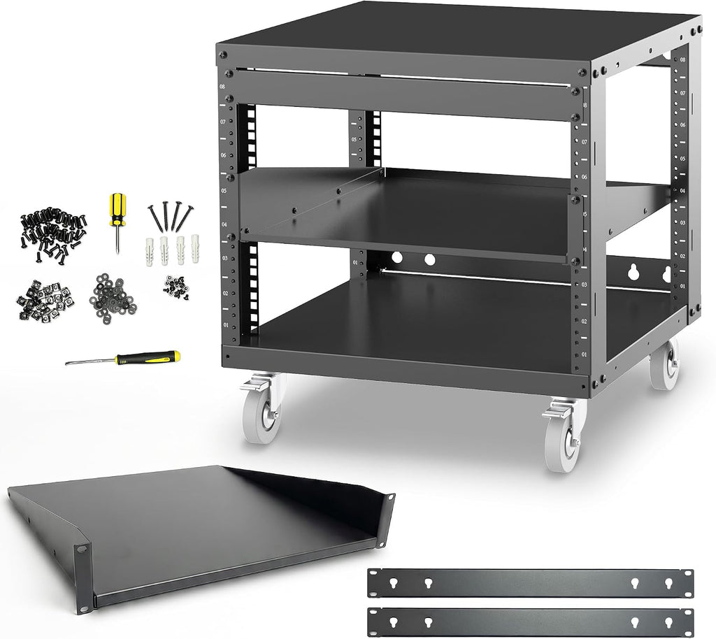 AxcessAbles 8U Open Frame Network Rack with Locking Caster Wheels - 440lb Capacity, 18" Depth | 19-Inch Open Server Rack, one 1U Shelves, 10-32 Screws & Cage Nut Rails, Cage Nut Tool & Wall Kit by AXA AXCESSABLES