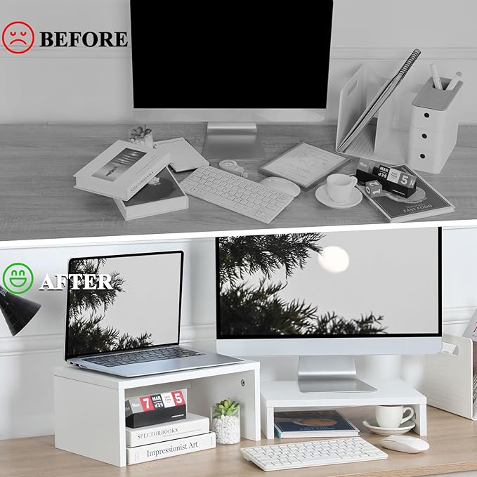 TEAMIX 2-Pack White Monitor & Laptop Stand Riser, High-Low Dual Monitor Set | Stacked/Separate Use, Adjustable Computer Stand for 2 Monitors, Holds 80Lbs, Wood Desk Organizer, for Home Office, Gaming - Image 7