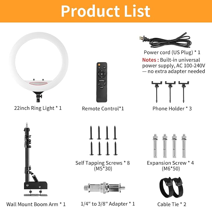 SITTO 22 inch Ring Light with Remote Control, 43 inch Wall Mounted Boom Arm | Ring Light Wall Mount for Live Streaming, Beauty Salon, Barber Light, Tattoo Light, Photography Lighting Studio - Image 2