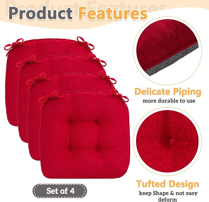 MAGIC ELEPHANT Chair Cushions for Dining Chair, Shredded Memory Foam Kitchen Chair Cushions Set of 4, Non-Slip Thick Dinning Room Chair Pads Seat Cushions, 15.5" x 15.5" x 4" (Red) - Image 5
