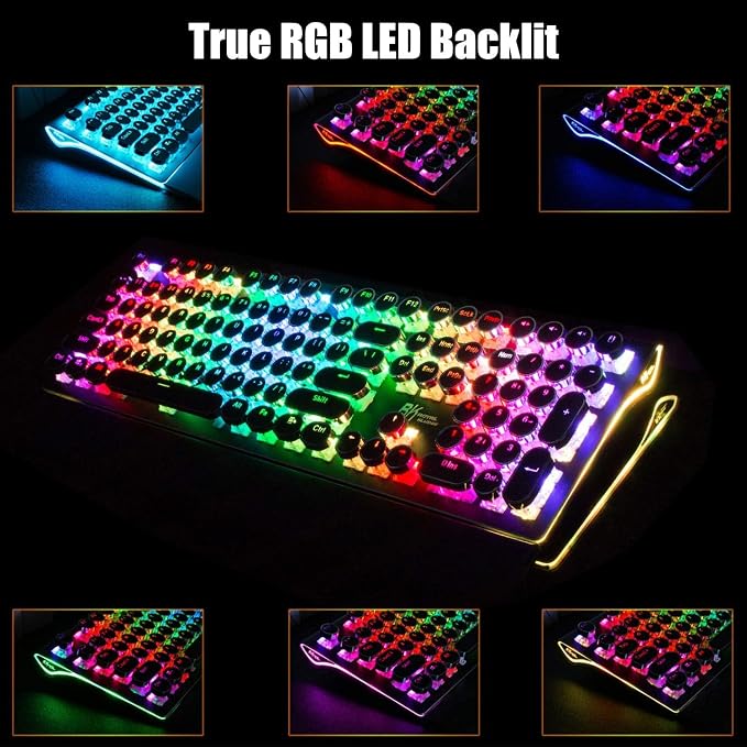 RK ROYAL KLUDGE S108 Typewriter Keyboard, Retro Mechanical Gaming Keyboard Wired 108 Keys with RGB Backlit Sidelight, Detachable Wrist Rest, Round Keycaps Blue Switches - Black - Image 5