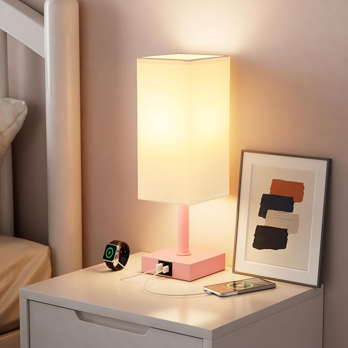 Touch Table Lamp for Bedroom - Dimmable, USB C+A, White Lamphade Pink Base | 3-Way Dimmable, 3000K LED Bulb Included, Square Lampshade, Cute Room Decor for Teen Girls, Kids, Small Lamp for Dorm, Nursery - Image 5