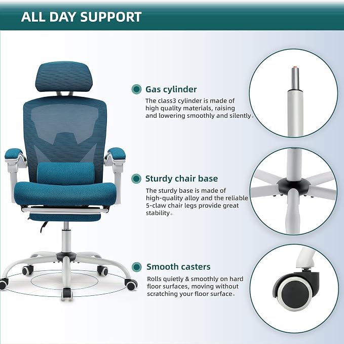 DUMOS Home Office Desk Chair with Footrest, High-Back Mesh Rolling Swivel Reclining Chairs with Wheels, Comfortable Headrest, Lumbar Support, Comfy Arms for Home, Office, Gaming, Student, Elegant Blue | High-Back Mesh, Rolling Swivel Wheels, Comfortabl... - Image 7