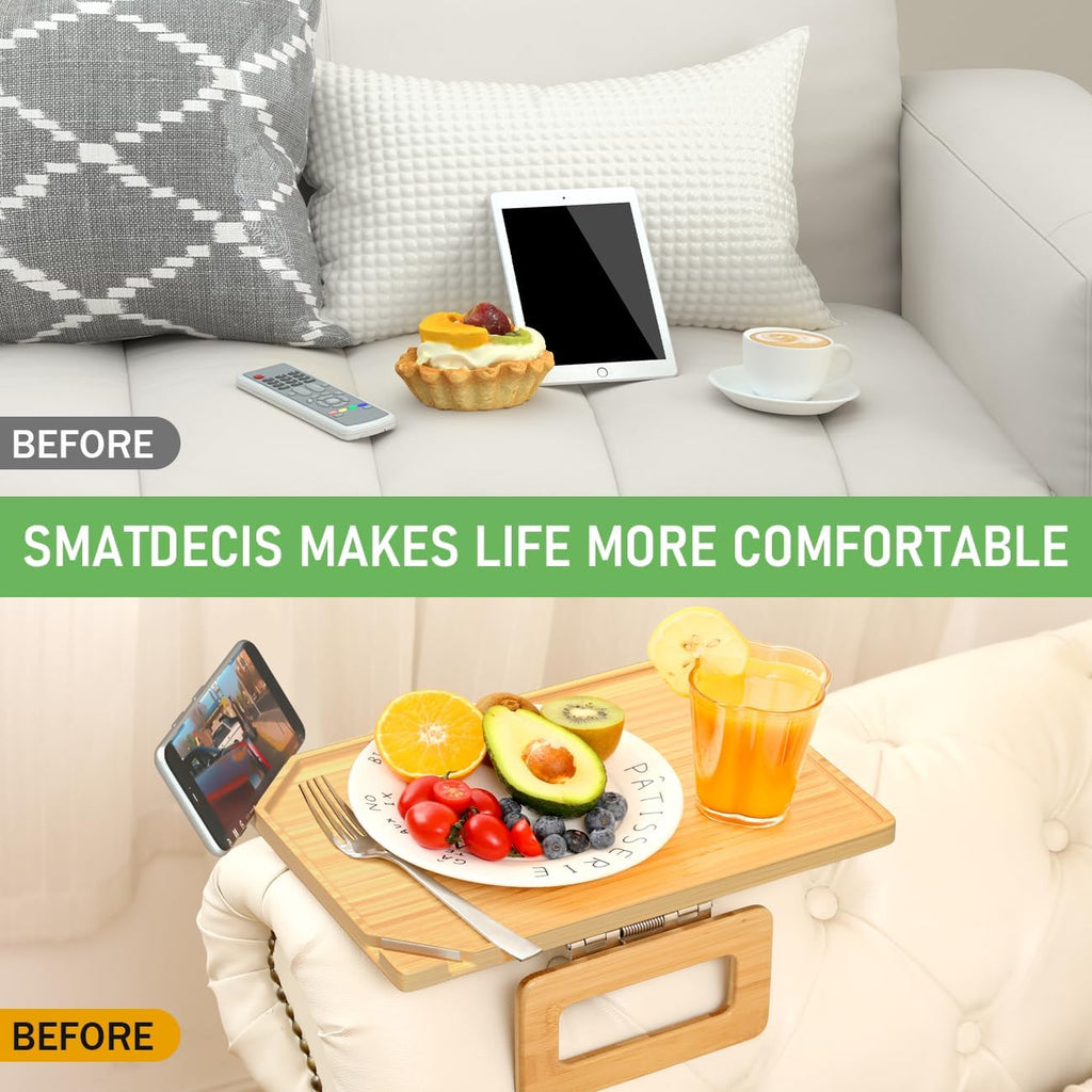 Couch Arm Tray Table Sofa Arm Clip, Armrest Tray Table Suitable for Home Drinks/Fast Food/Fruit Etc, Large Size Multi-Function Natural(Dual Phone/Tablet Holder) - Image 6