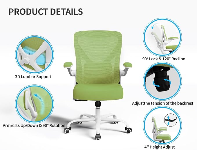 Office Chair: Mesh Ergonomic Desk Chair with 3D Lumbar & Swivel | 330LBS Computer Chair-Executive Task Work Chairs with Flip-up Arms Home Office Desk Chairs Gaming Chair for Long Hours(Green) - Image 5