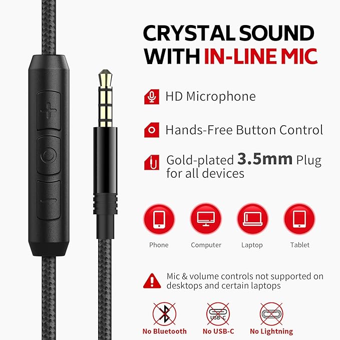 AC01 Headphones Wired Over Ear with Mic Volume Control, Black Grey | Passive Noise Isolating Corded Stereo Headsets for Adults Teens Kids 3.5mm for School, Classroom, Laptop, Chromebook, Travel - Image 5