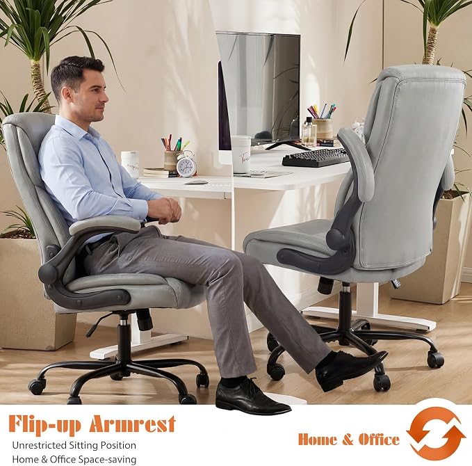 OLIXIS PU Leather Desk Chair, Ergonomic Office Chair, Flip-up Armrest | High Back, Swivel Rolling Wheels, Heavy Duty, 275lbs,Comfortable,Executive, Grey - Image 6