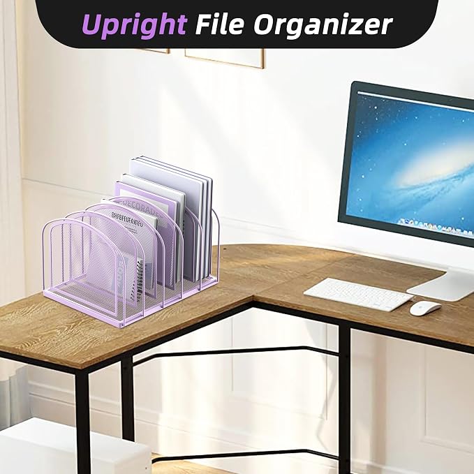 File Organizer 5-Section Mesh Desk Organizer, Upright File Organizer Desktop Organizer File Sorter, File Folder Holder for Office Supplies, Purple | 5 Vertical Compartments with Sturdy Metal Base for Office Documents Books Magazines and Laptop - Image 5
