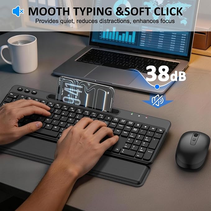 Wireless Keyboard and Mouse Combo 2.4G Ergonomic Silent for Office and Home | Full Size Ergonomic Keyboard with Removable Wrist Rest, Phone Holder, 3-Level DPI Mouse for Windows Mac OS Desktop/Laptop/PC - Image 5