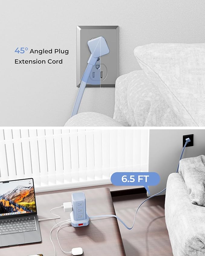 Power Strip with 12 Outlets 4 USB (1 USB C), 6.5Feet Extension Cord with Multiple Outlets, Charging Station, Blue Power Strip Tower, Home Office Desk Supplies - Image 4