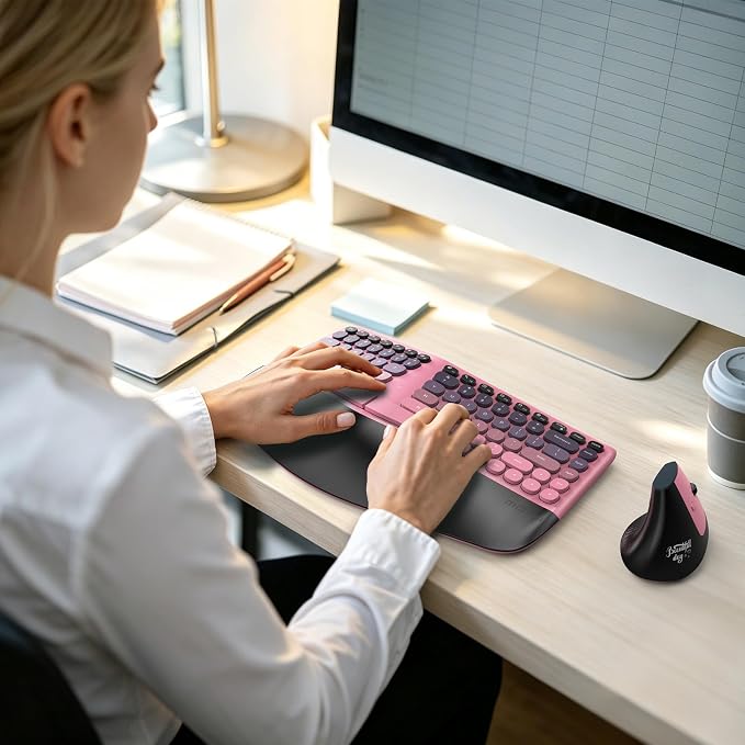 MOFII Wireless Ergonomic Keyboard and Mouse Combo, Split Curved Keyboard with Wrist Rest, Vertical Mouse, 2.4G, for PC Laptop Desktop Mac- Pink Gradient Colorful - Image 7