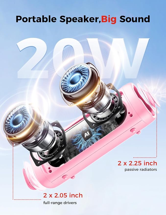 Bluetooth Speaker, 20W HD Sound, Portable Wireless, IPX5 Waterproof, Up to 24H Playtime, TWS Pairing, for Home/Party/Outdoor/Camping/Beach Essentials, Electronic Gadgets, Birthday Gift (Pink) - Image 2