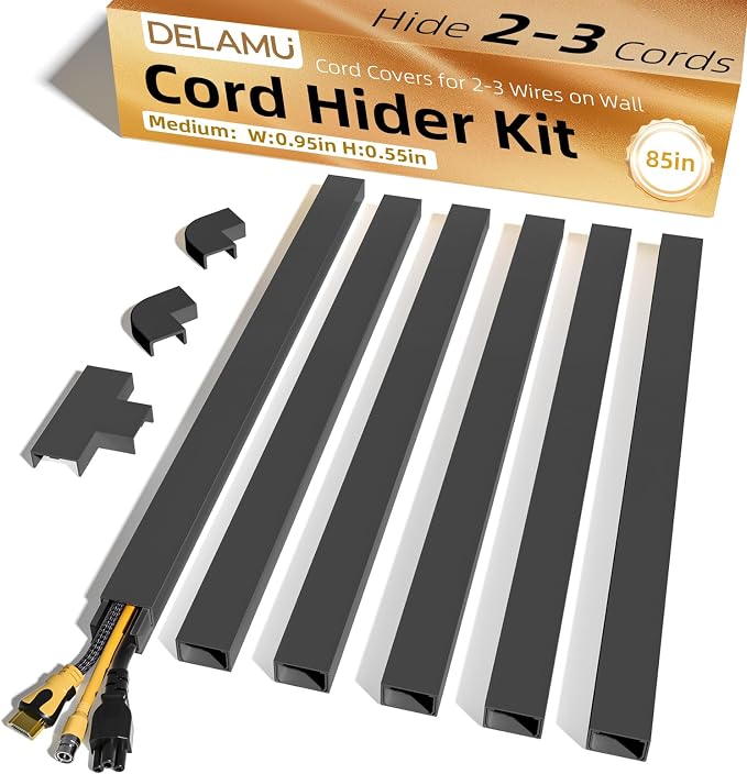 Delamu Black Cord Hider, 85in Cord Covers for 2-3 Wires on Wall, Self-Adhesive Cable Hider, Wire Hiders Wire Covers for TV Cords on Wall, Easy Mount Cable Cover Raceway Kit, W0.95 H0.55in, Black by DELAMU