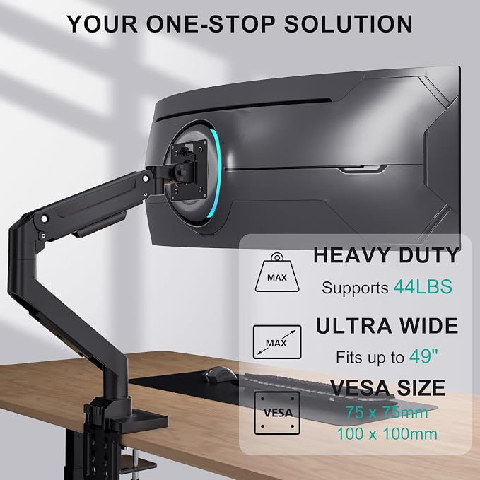 WALI Heavy Duty Monitor Arm for 13-49 inch 1000R Curved Screens，up to 44lbs | Ultrawide Monitor Desk Mount，Full Motion with Tilt, Swivel, Rotation, C-Clamp & Grommet Base, VESA 75/100mm (GSM001XL), Black - Image 2