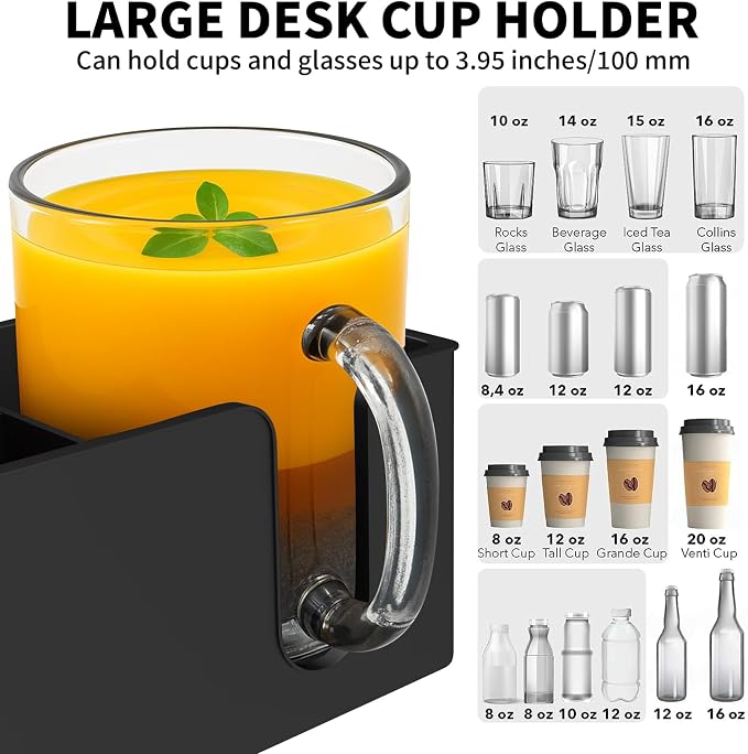 OOKUU 3-in-1 Desk Organizer - Large Desk Cup Holder Clamp, Pencil Holder and Phone Stand - Detachable Anti-Spill Table Cup Holder, Office & PC Gaming Desk Accessories for Cup, Phone and Pen (Black) - Image 2