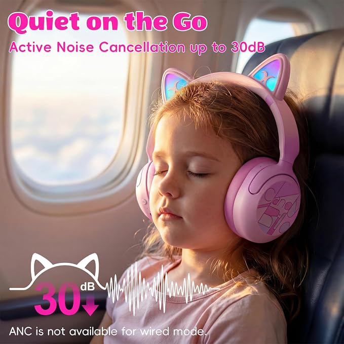 Candy Bila Kids Bluetooth Headphones, Active Noise Cancelling, 85dB Limit | LED cat ear, 40H playtime, Bluetooth 6.0, Fast charging, AUX Cable, Stereo Sound, Built-in mic for iPad Tablets Travel - Image 2