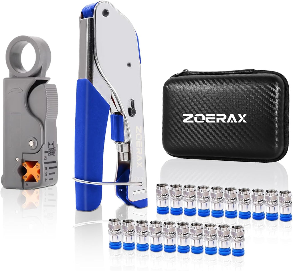 Coax Cable Crimper Kit for RG59 RG6, 3-in-1 Coaxial Tool Set, Includes Stripper & 20PCS F Connectors, Compatible with RG11/RG7, for Satellite TV, Home Theater & Network Cabling by ZOERAX
