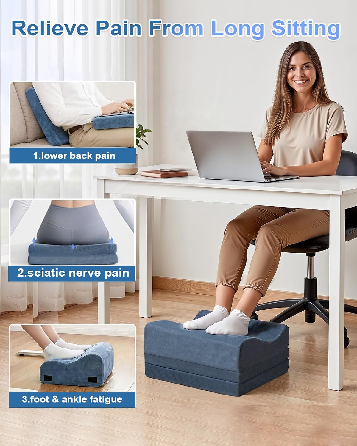 Under Desk Foot Rest, 3-Level Adjustable Foot Stool (Blue) - Image 4