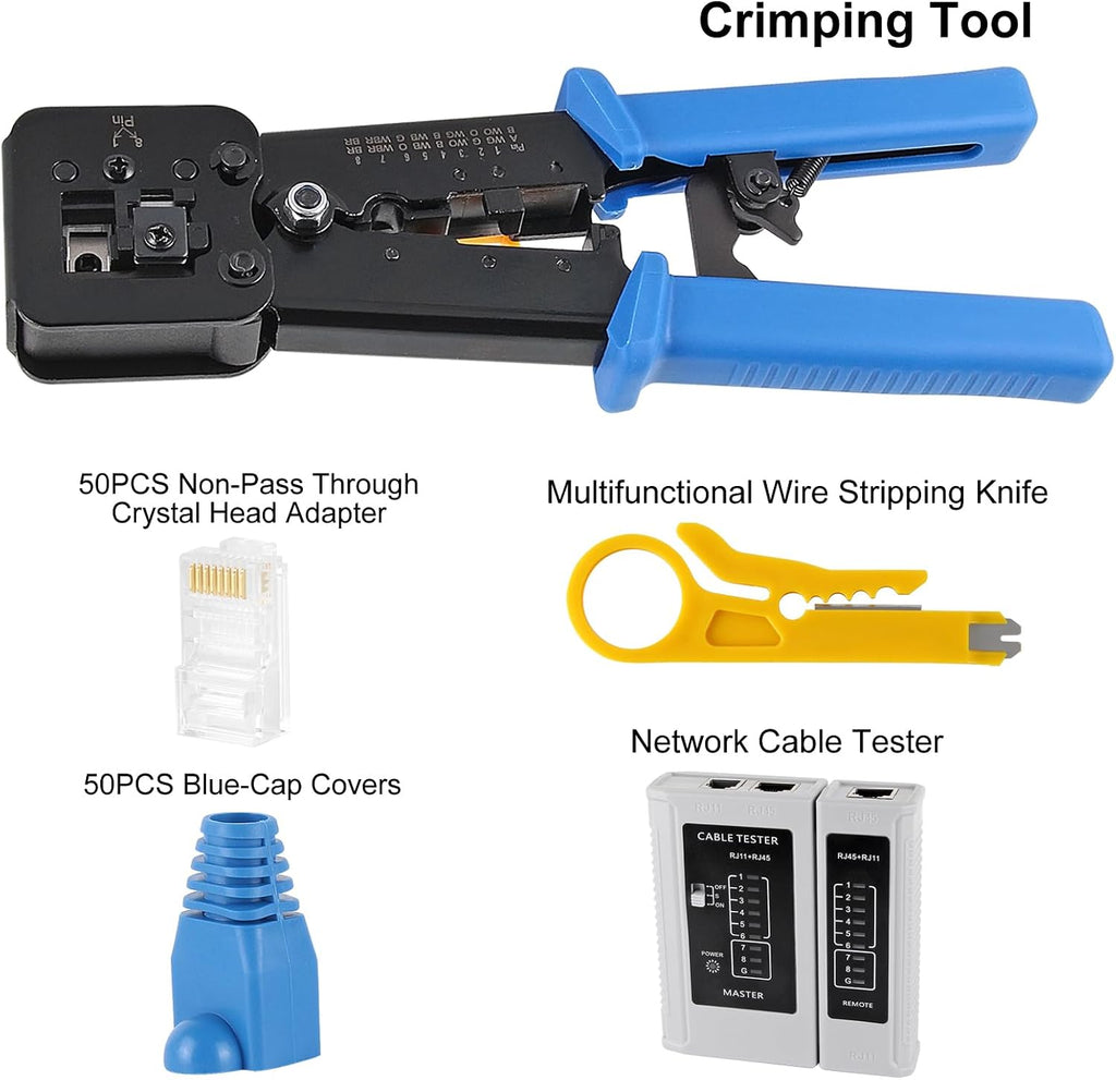 AITRIP RJ45 Crimp Tool Kit Pass Thru Cat5 Cat5e Cat6 RJ45 Crimping Tool with RJ45 Cat6 Pass Through Connectors, Covers,1 Wire Punch Down Cutter,Network Cable Tester - Image 2