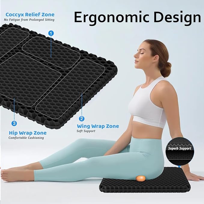 Gel Seat Cushion, Super Large Gel Cushion Chair Pads with Non-Slip Cover for Home Office Car Seat Wheelchair, Soft Breathable Honeycomb Seat Cushion for Relieve Hip Pain, As Seen On TV (Black) - Image 3