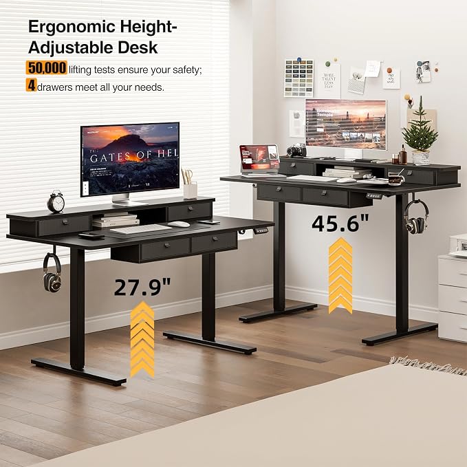 Grandder Electric Standing Desk with Four Drawers, Sit to Stand Up Height Adjustable Desk with Storage Shelf for Home Office, 55 * 28 Inch, Study, Ergonomic Adjustable Computer Desk, Black - Image 6