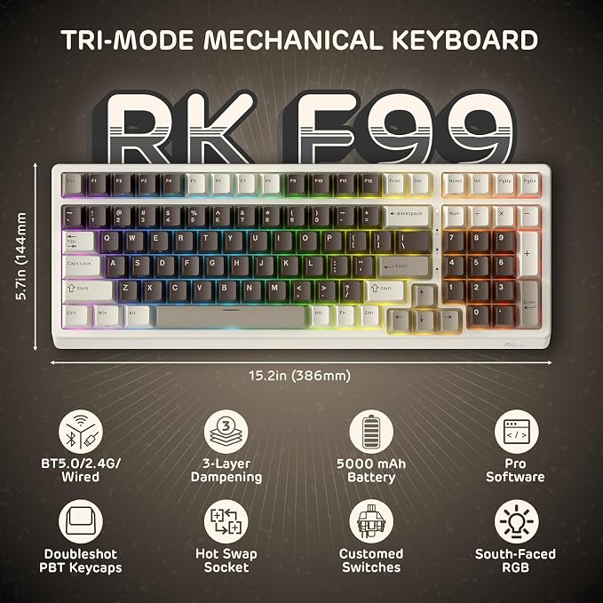 RK ROYAL KLUDGE F99 Wireless Mechanical Keyboard, Gasket Structure | 95% 100 Keys Hot Swappable RGB Gaming Keyboard, Tri-Mode BT/2.4GHz/USB-C, Pre-lubed Custom Switches, for PC/Xbox/PS4/PS5 - Image 2