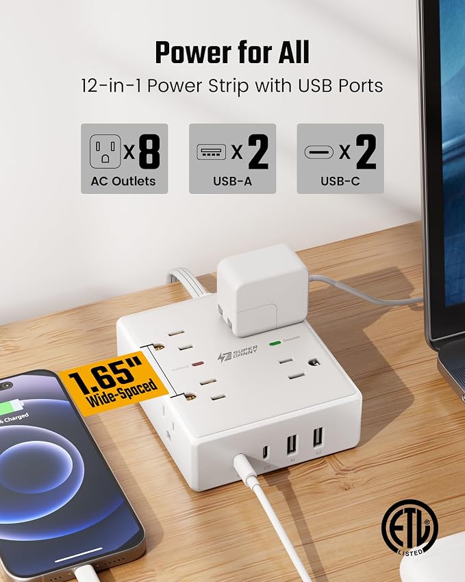 SUPERDANNY Extension Cord,Flat Plug Surge Protector Power Strip,6Ft | 8 AC & 4 USB Ports (2 USB C),Surge Protector with 1050J,Desk Charging Station for Home Office,College Dorm Room Essentials - Image 3