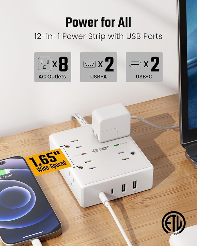 SUPERDANNY Extension Cord,Flat Plug Surge Protector Power Strip,15Ft | 8 AC & 4 USB Ports (2 USB C),Surge Protector with 1050J,Desk Charging Station for Home Office,College Dorm Room Essentials - Image 4