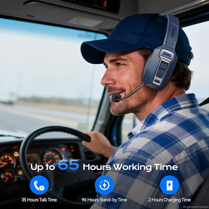 LEVN Bluetooth Headset with Microphone, Trucker Bluetooth Headset with AI Noise Cancelling & Mute Button, Wireless On-Ear Headphones 60 Hrs Working Time, for Trucker Home Office Remote Work Zoom - Image 3