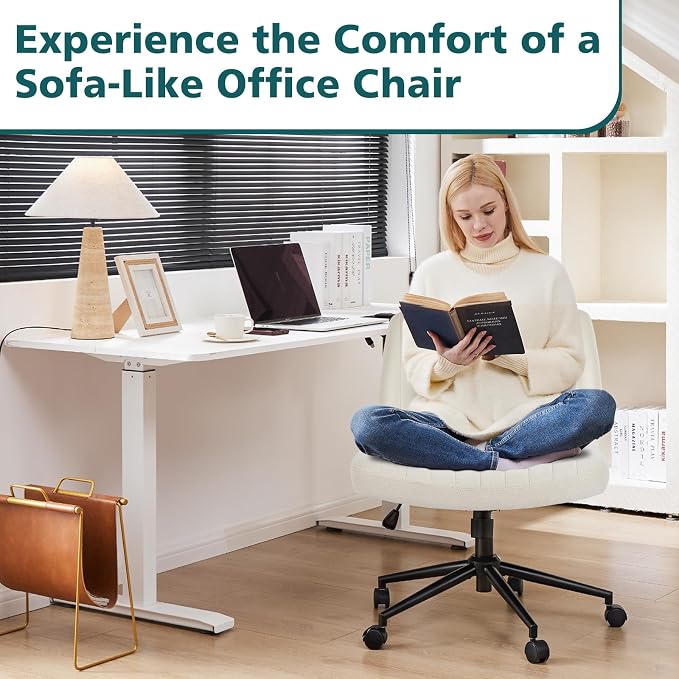 OLIXIS Criss Cross Office Chair, Vanity Chair, Home Office Desk | Wide Seat, Height Adjustable, Comfy Fabric, Armless No Wheels, Bedroom, Study Room, Beige - Image 3