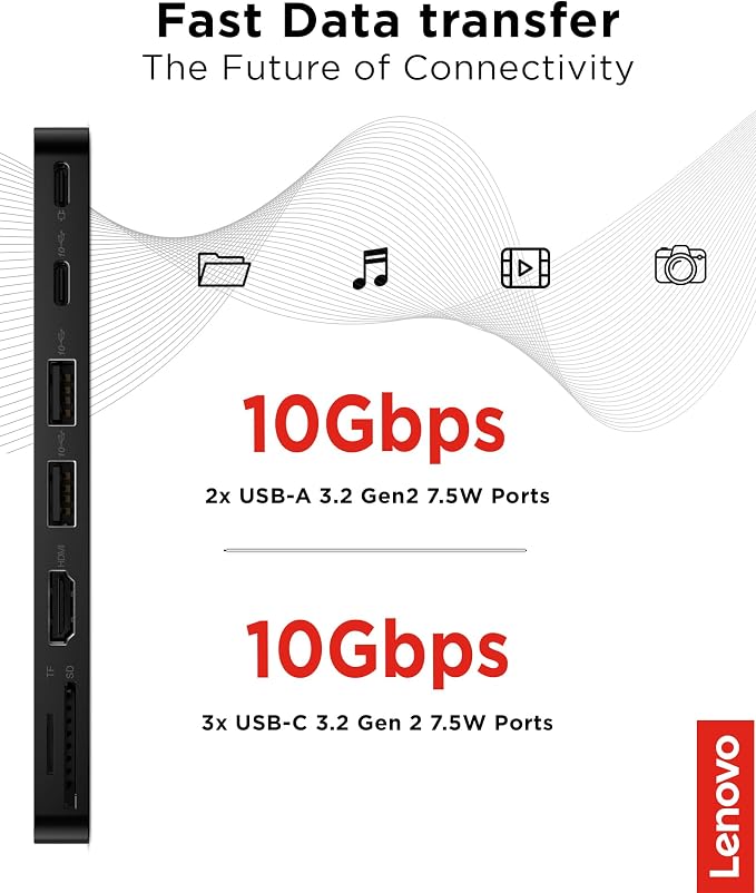 Lenovo USB-C Slim Travel Dock, 8 Ports, Up to 65W PD Pass Through, Integrated USB-C Cable, 4K Display Support, Black - Image 6