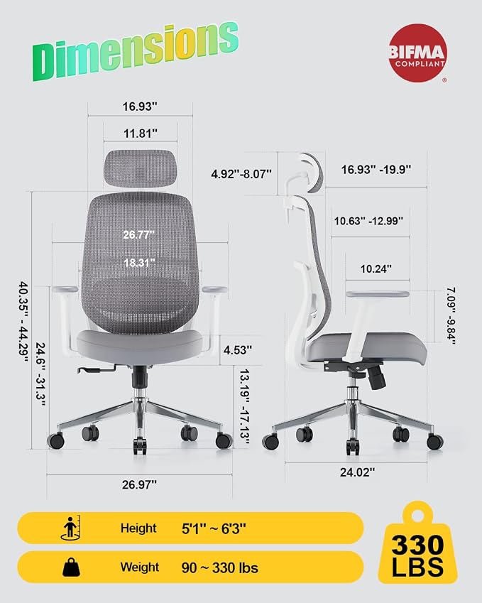 Ergonomic Office Chair, High Back Mesh Chair with Lumbar Support, Ultimate Back Support Office Desk Chair, Comfortable Computer Chair & Gaming Chair for Office & Home, White - Image 2